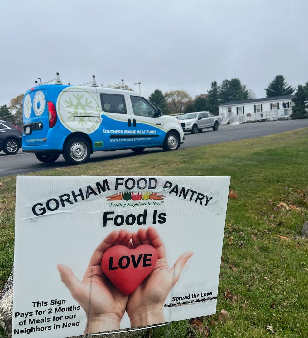 Southern Maine Heat Pumps van supporting the Gorham Food Pantry - giving back to our community
