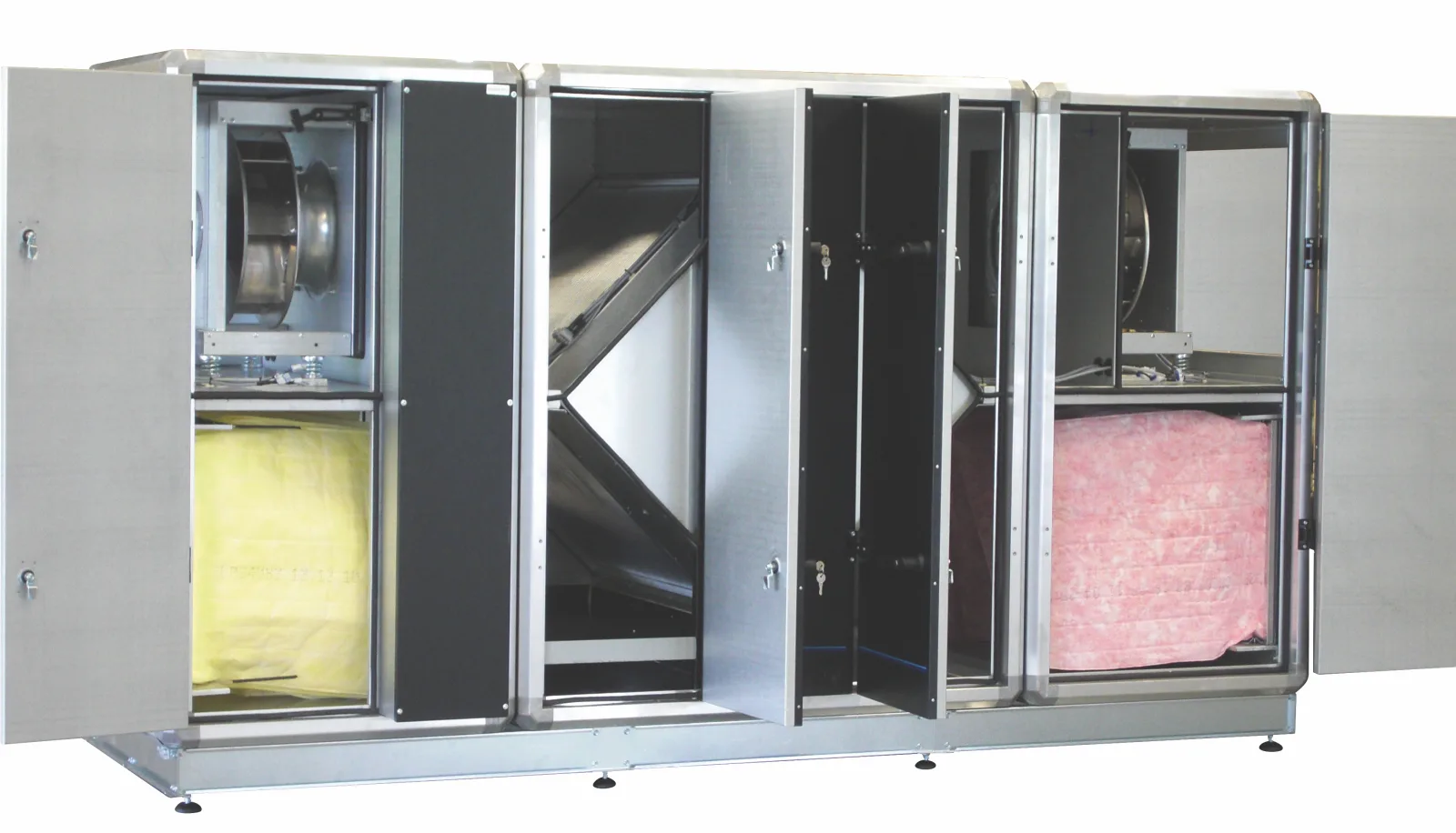 Energy recovery ventilator core unit, cutaway view showing fans, filters, and the heat-exchange core