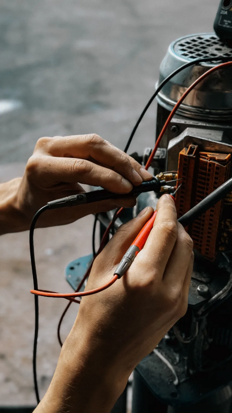 Technician using a multimeter to test wiring on an electrical motor terminal block